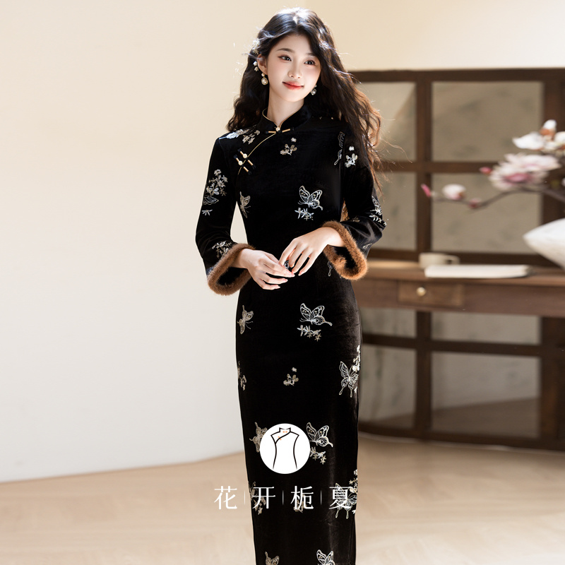新中式改良黑色丝绒旗袍加绒加厚