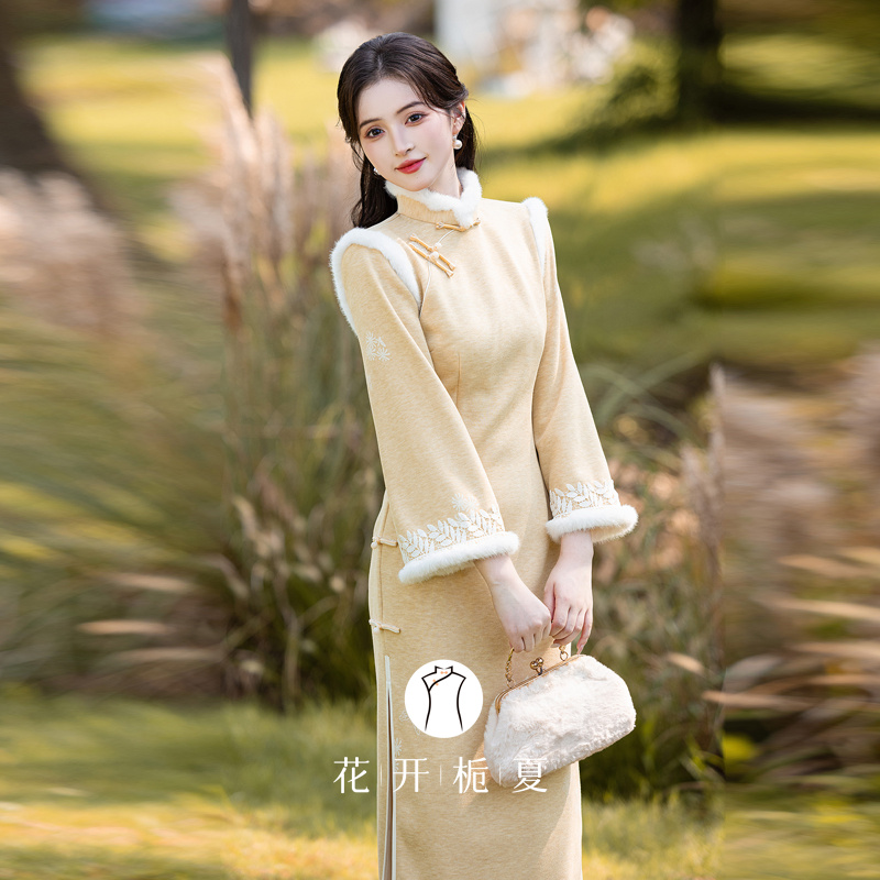 新中式绝美气质黄色旗袍加绒加厚