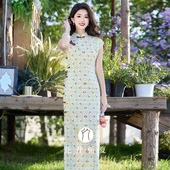 旗袍裙古法全开襟曳地长款 新中式 少女碎花连衣裙 春云松泉