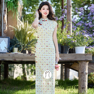 《春云松泉》新中式旗袍裙古法全开襟曳地长款少女碎花连衣裙