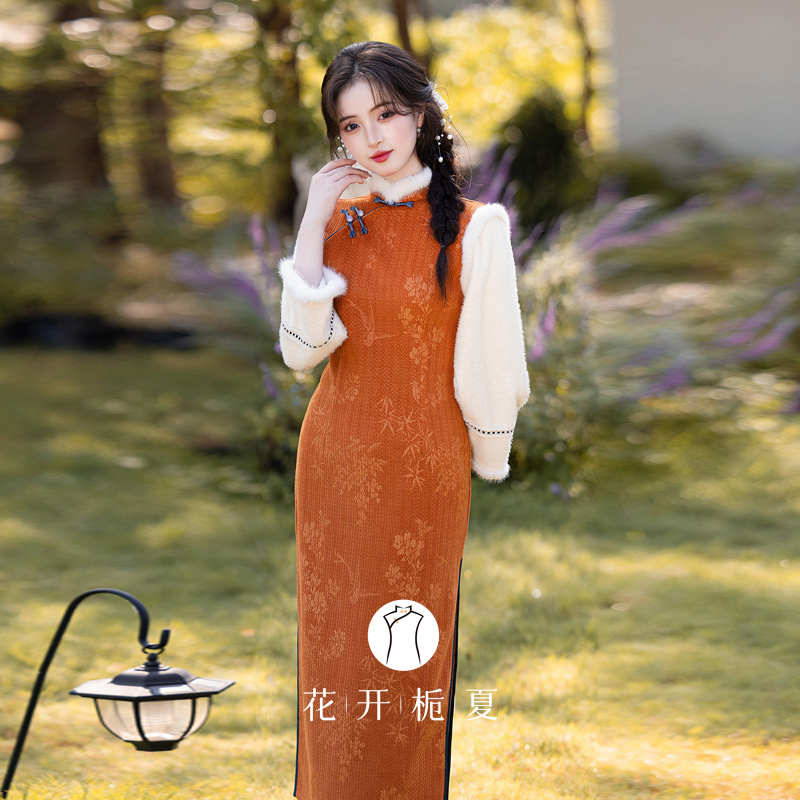 新中式国风少女橘色旗袍加绒加厚