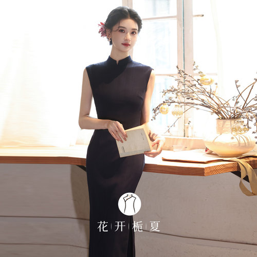 绝美新中式藏蓝色无袖旗袍