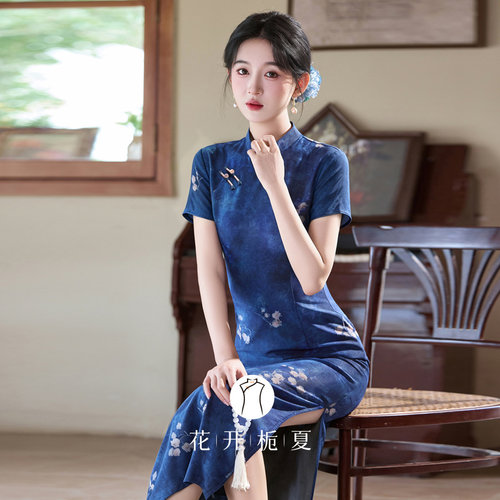 新中式绝美气质蓝色旗袍小个子