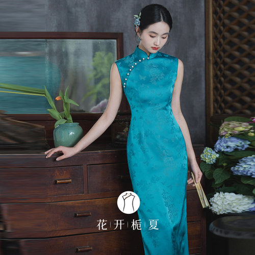 新中式复古蓝色旗袍少女长款