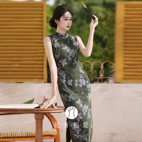 老上海复古绿色无袖旗袍气质显白