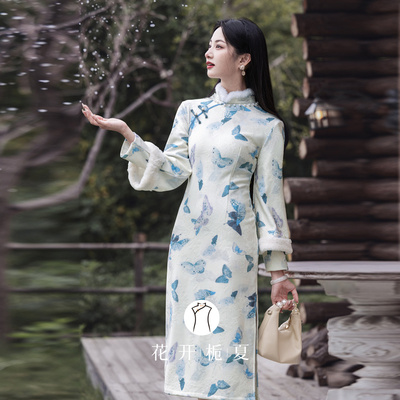 新中式蝴蝶印花改良旗袍冬款