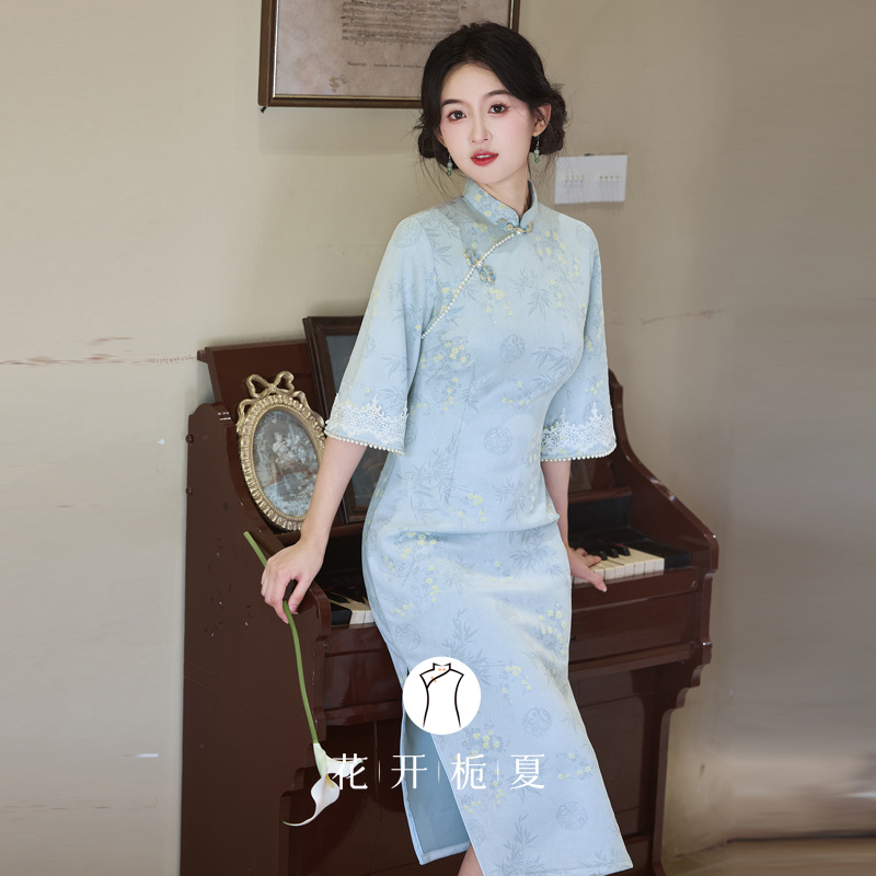 新中式改良蓝色倒大袖旗袍