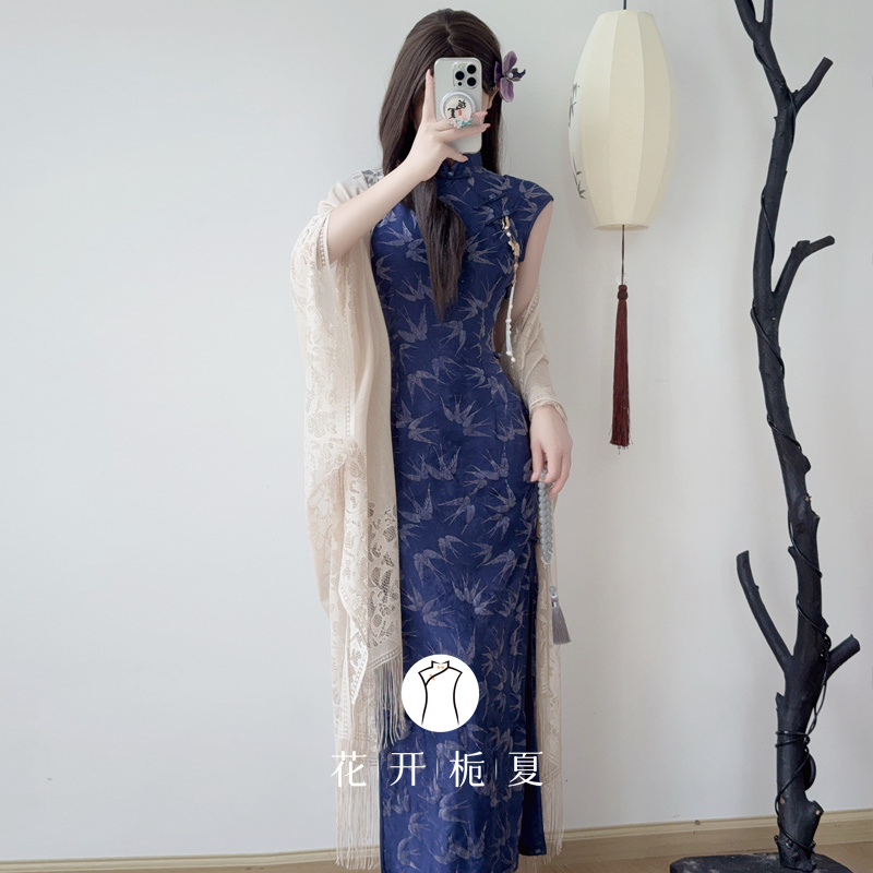 新中式改良蓝色无袖旗袍修身显瘦