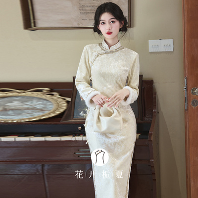 新中式绝美气质米色丝绒旗袍加绒
