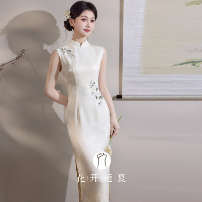 新中式无袖旗袍白色绝美订婚礼服