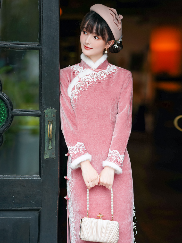 Warm demi-season cheongsam, lightweight dress, long sleeve, 2023