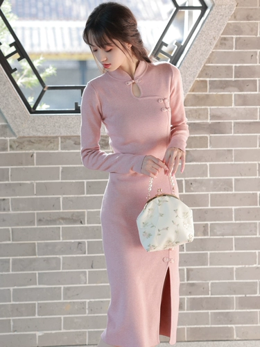 Розовое трикотажное ципао, легкий лонгслив, платье, коллекция 2023, светлый стиль, китайский стиль