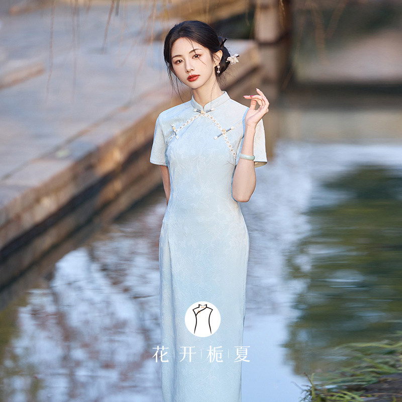 小清新蓝色提花旗袍日常可穿