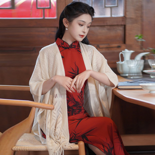 花开栀夏2026春季新款流苏披肩外套镂空百搭针织开衫搭配旗袍外搭