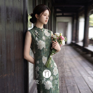 新中式复古墨绿色无袖旗袍年轻款漂亮独特收腰温柔气质连衣裙6/29