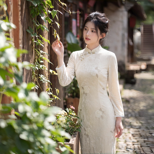 文艺少女长袖丝绒旗袍日常可穿