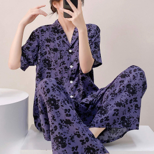 薄款 套装 棉绸睡衣女夏季 短袖 人造棉家居服可外穿 春秋韩版 宽松大码