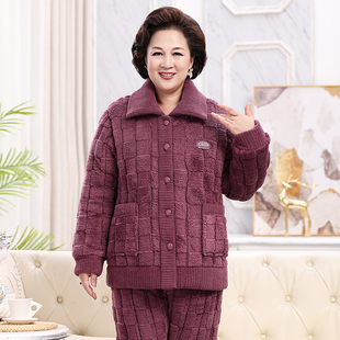 冬季保暖夹棉家居服可外穿妈妈款老年人睡衣女珊瑚绒加绒加厚套装