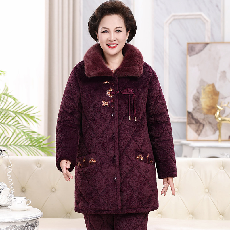 冬季中老年中长款珊瑚绒夹棉睡衣女加厚妈妈保暖家居服老年人棉袄