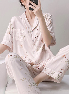 夏季短袖睡衣女薄款棉绸家居服