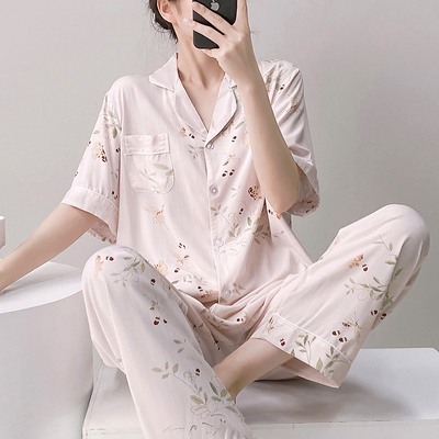 夏季短袖睡衣女薄款棉绸家居服日系开衫人造棉宽松套装大码空调服