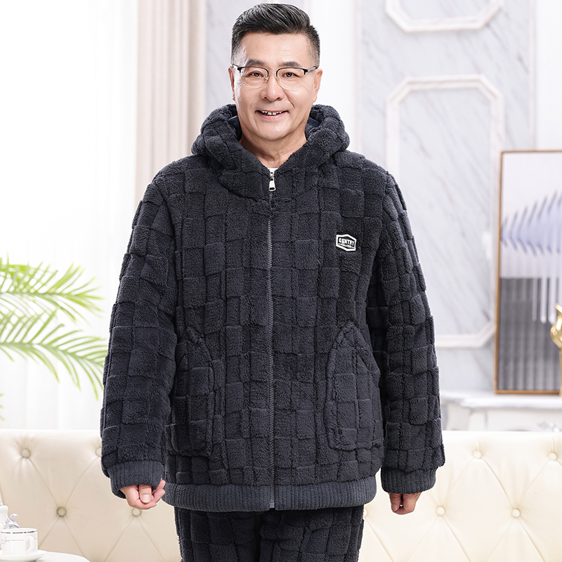 冬季中老年男士珊瑚绒夹棉袄睡衣三层加厚加绒爸爸家居服老人套装
