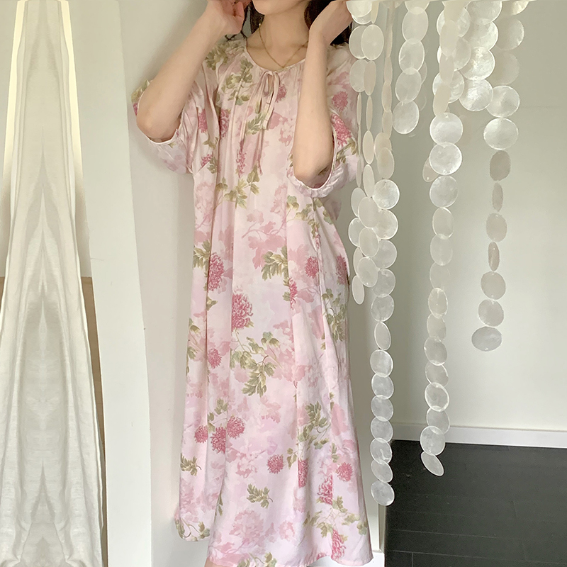棉绸睡裙夏季女款春秋款睡衣高级感中长款薄款绵绸长裙家居裙大码