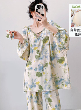 大码女棉绸带胸垫睡衣套装透气