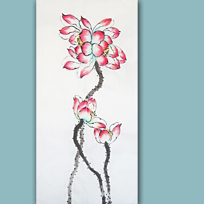 新中式手绘无款荷花国画大写意并蒂莲花禅意原创收藏中堂装饰画