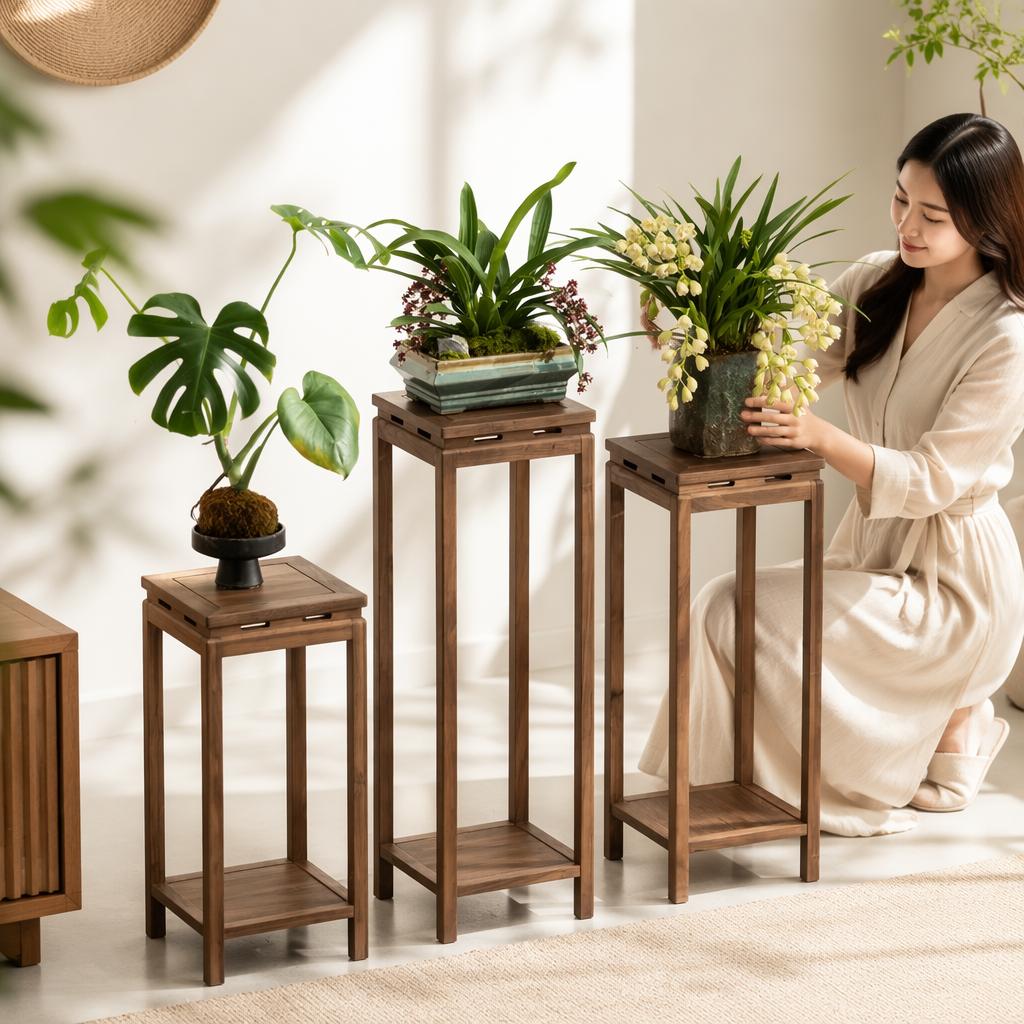 新中式北美胡桃木免安装花架图片