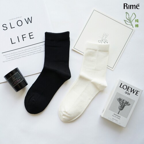 纯棉袜子RIME百分百棉抗菌女中筒