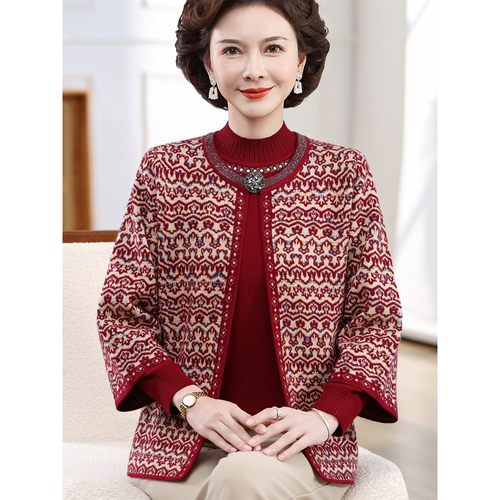 妈妈装秋套装洋气外套针织衫上衣50多岁中老年女装时尚两件套衣服