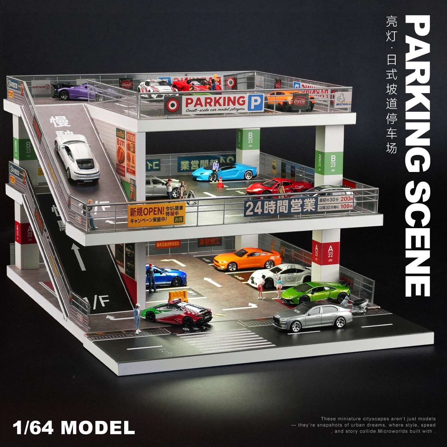 1:64车模仿真停车场模型车库玩具收藏展示盒收纳停车库摆件带灯
