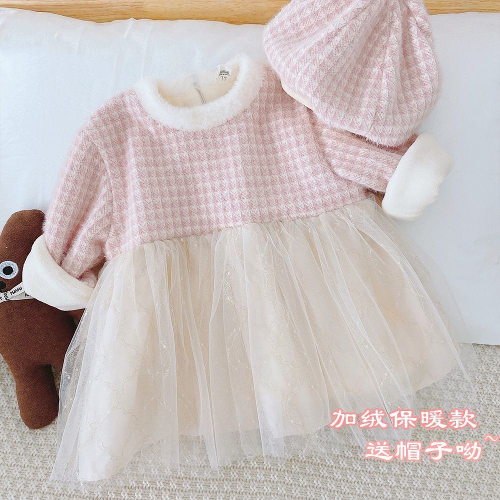 女童连衣裙新年礼服裙冬季加绒粉色韩版公主裙拼纱裙子周岁礼裙仙