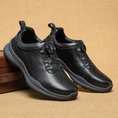 2025新款自动鞋带扣休闲舒适皮鞋 黑色橡胶软底鞋面头层牛皮男鞋