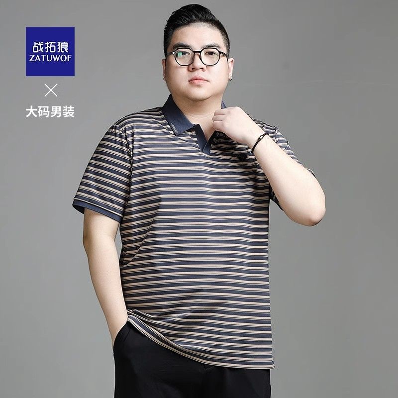戰(zhàn)拓狼夏季新款男士休閑條紋T恤衫胖子加肥加大碼短袖薄款polo衫
