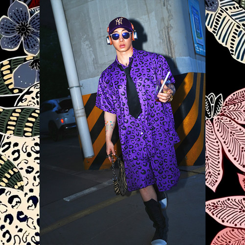 豹纹印花衬衣短裤套装嘻哈街头