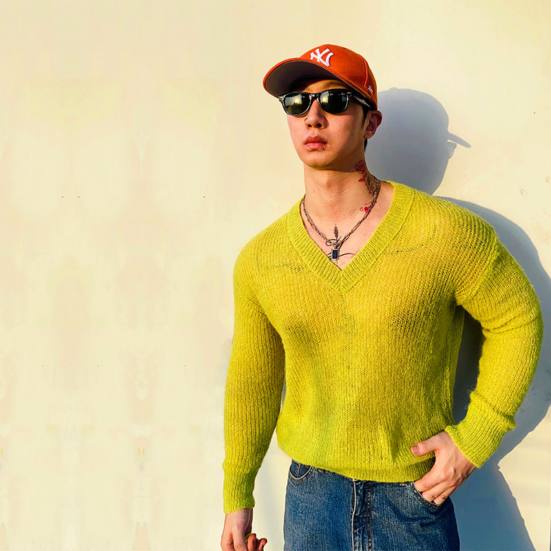 BUDDYBODY美式修身V领荧光绿网眼透视马海毛毛衣弹力针织打底衫,男装,针织衫/毛衣,淘宝优惠券,粉丝福利购,淘宝优惠卷