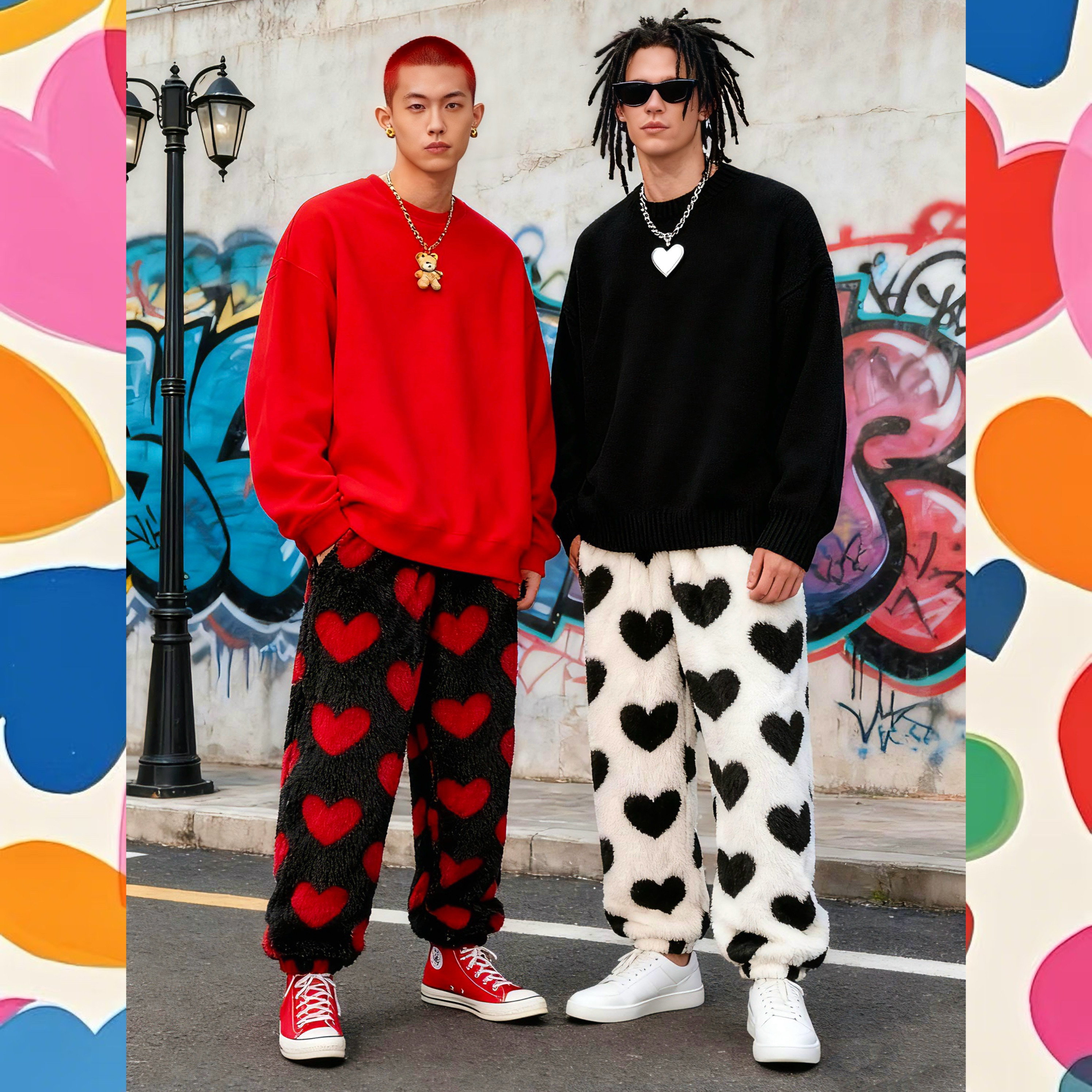 BUDDYBODY超可爱趣味美式宽松街头爱心印花加厚珊瑚绒家居休闲裤