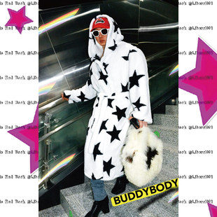 BUDDYBODY美式 街头嘻哈宽松加绒加厚星星印花珊瑚绒连帽系带睡袍