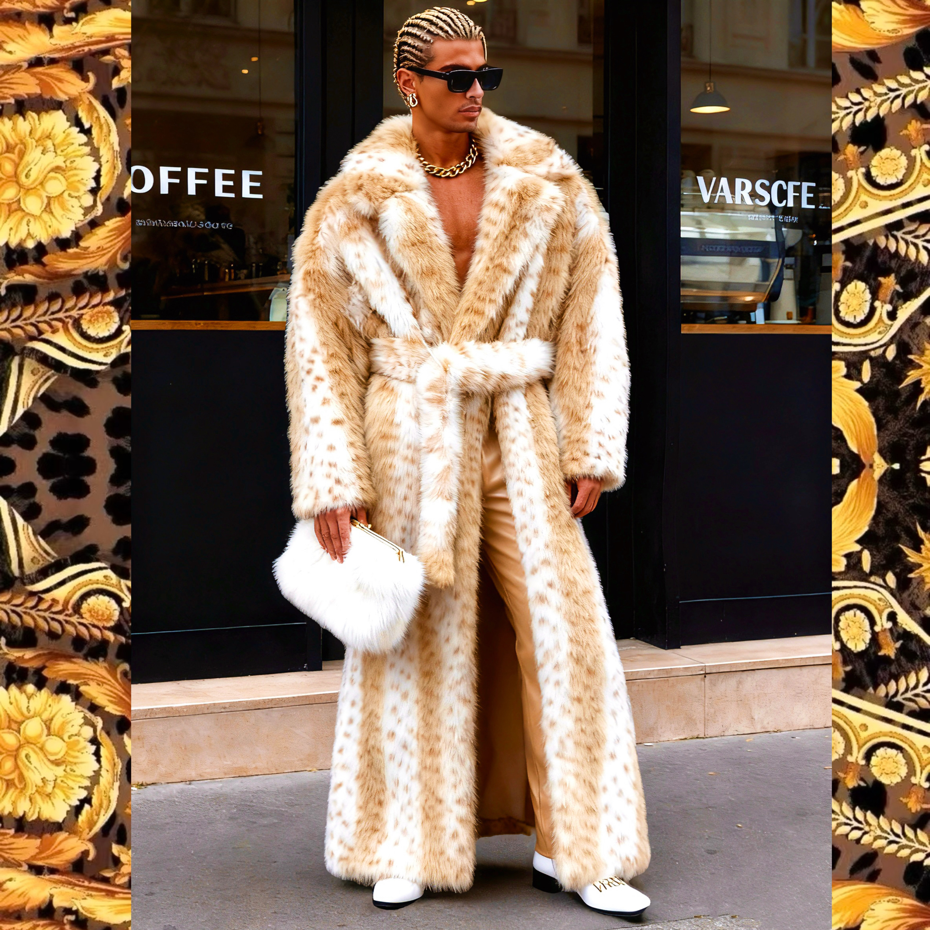 山猫纹仿狐狸毛环保皮草大衣超长