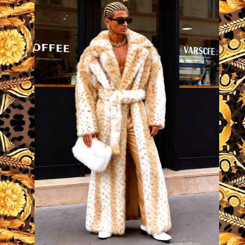 山猫纹仿狐狸毛环保皮草大衣超长