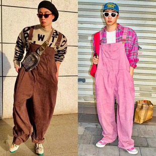 休闲连体裤 BUDDYBODY嘻哈街头宽松灯芯条长裤 阔腿大码 工装 背带裤