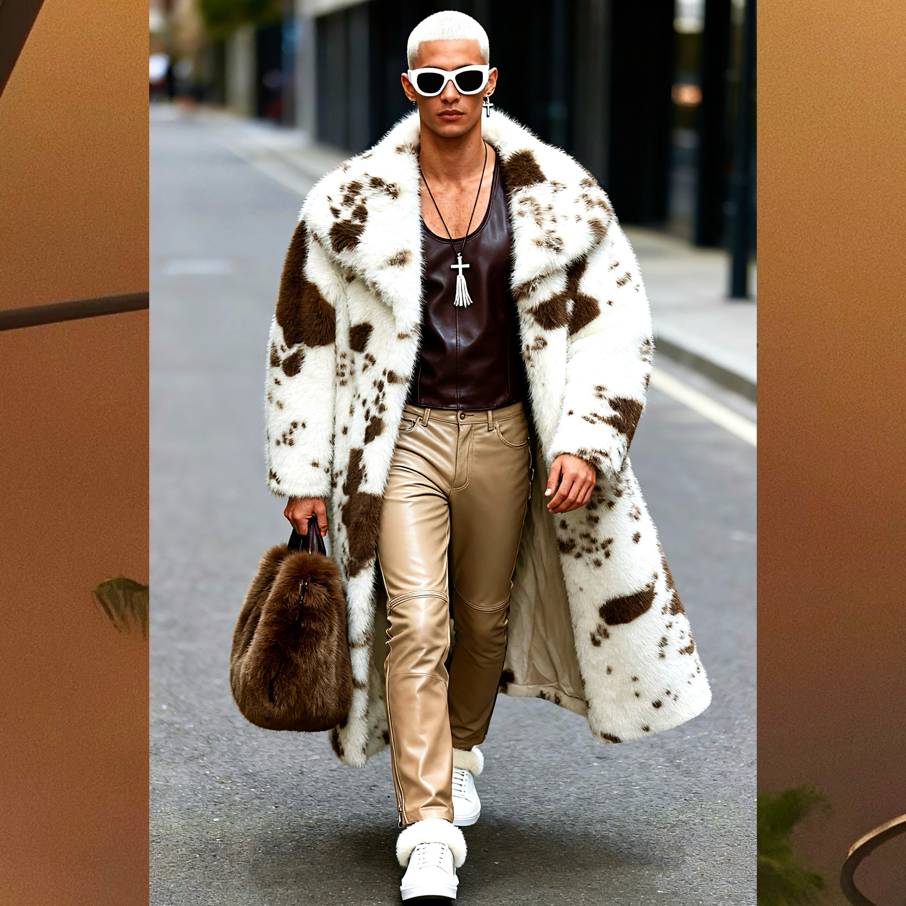 奶牛印花仿狐狸毛皮草大衣奢华