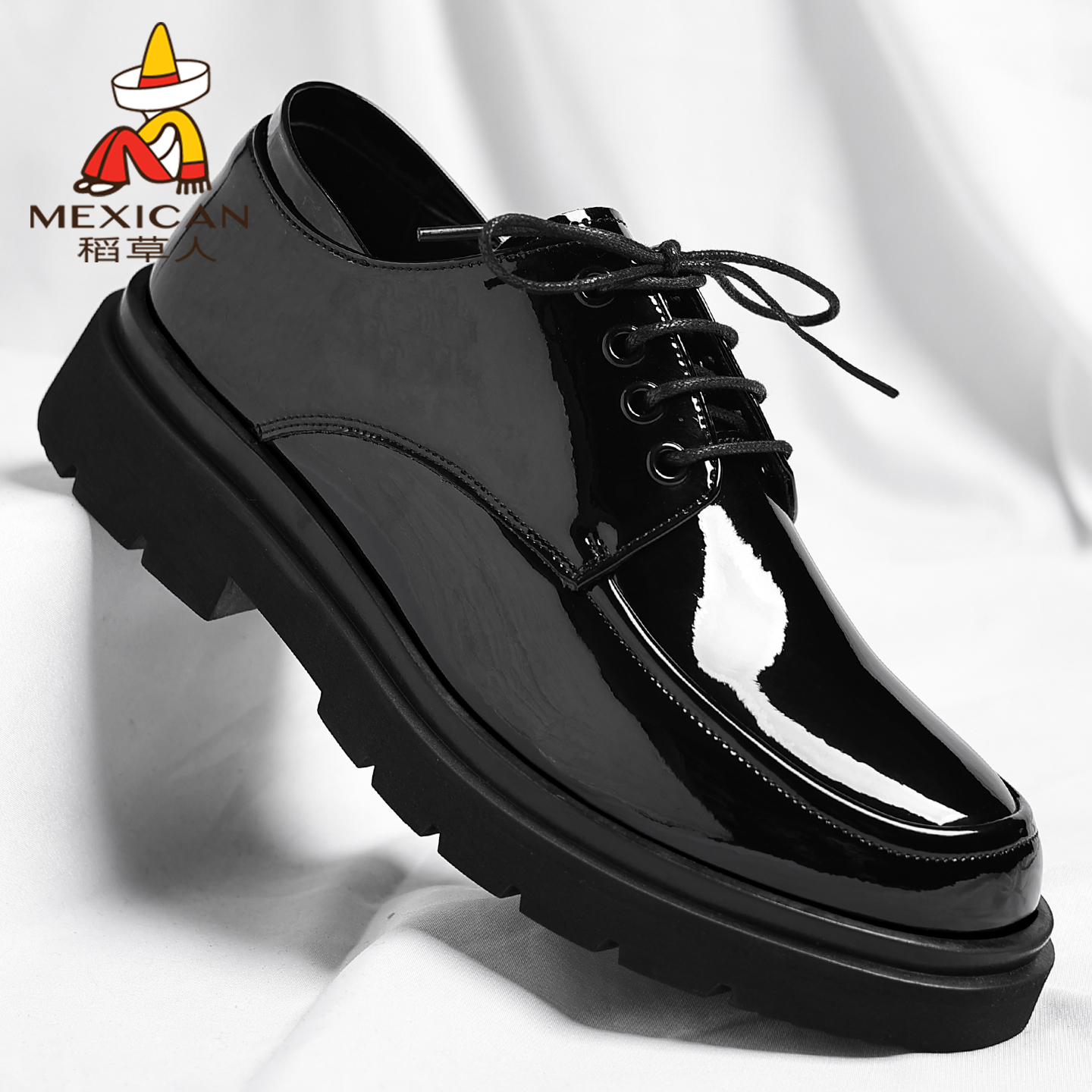 稻草人皮鞋漆皮正装亮面光面潮鞋