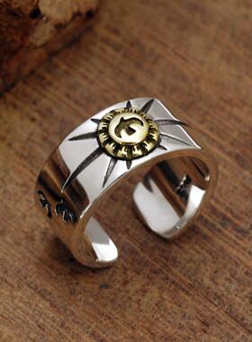 S925纯银潮男指环高桥镶铜