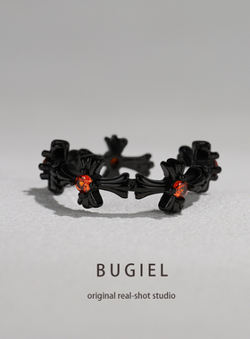 BUGIEL新款复古十字架戒指女原创设计高级感百搭黑色指环男开口潮