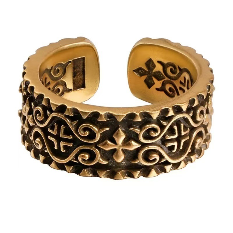2025泰银金色复古花纹戒指男嘻哈潮流个性金色十字指环女开口戒指