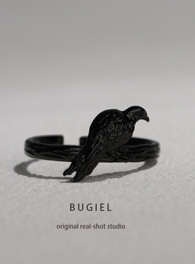 BUGIEL新款复古乌鸦戒指女原创设计高级感百搭黑色指环戒指男开口
