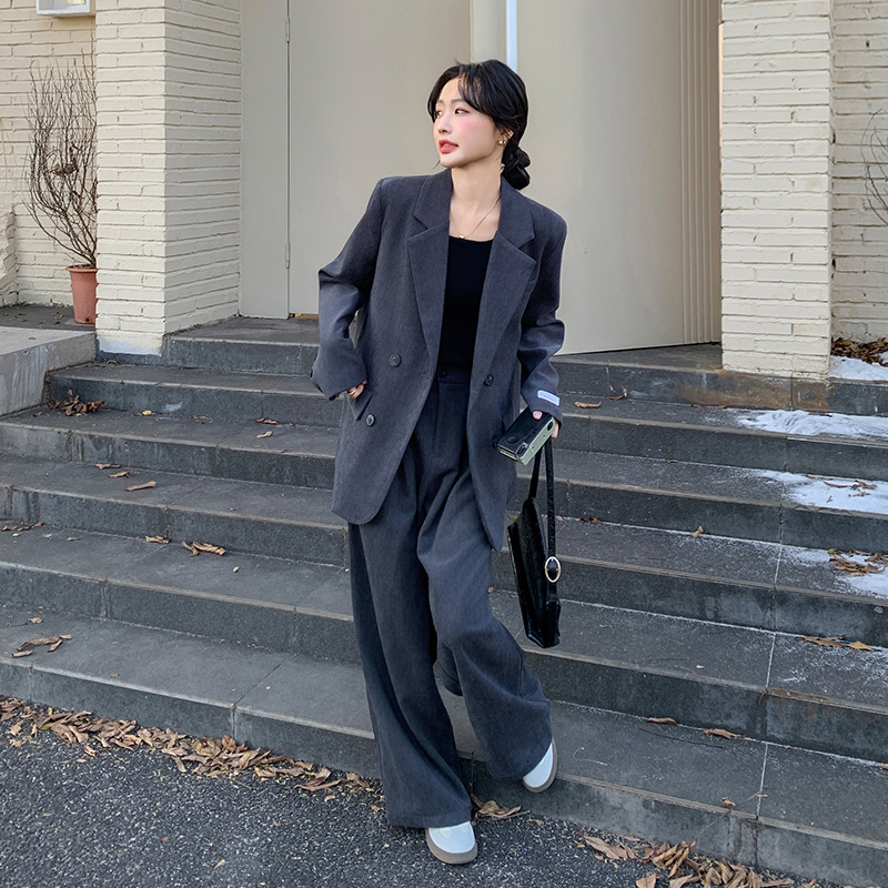 高级感灰色西装套装女春秋2025新款韩系通勤时尚气质阔腿裤两件套
